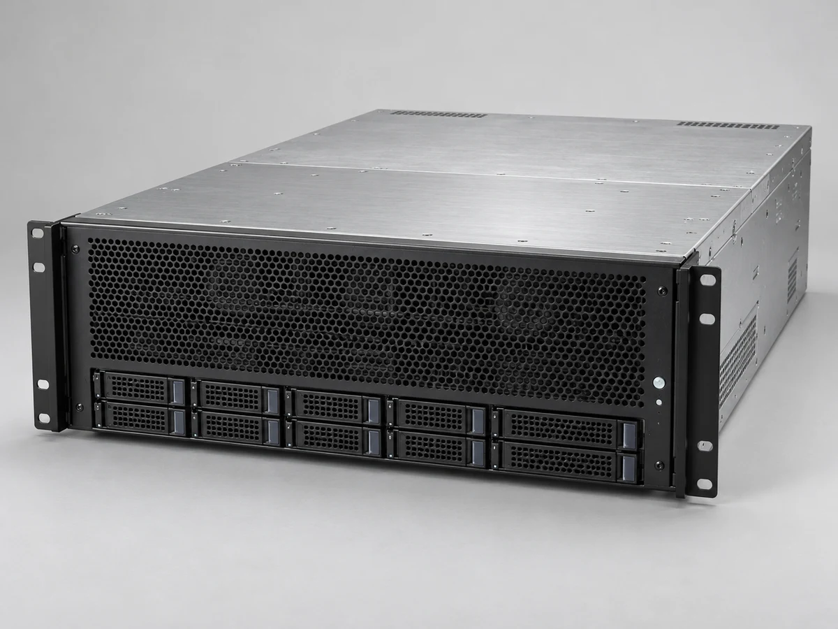 Unbranded rackmount compute server with ventilated front panel and drive bays