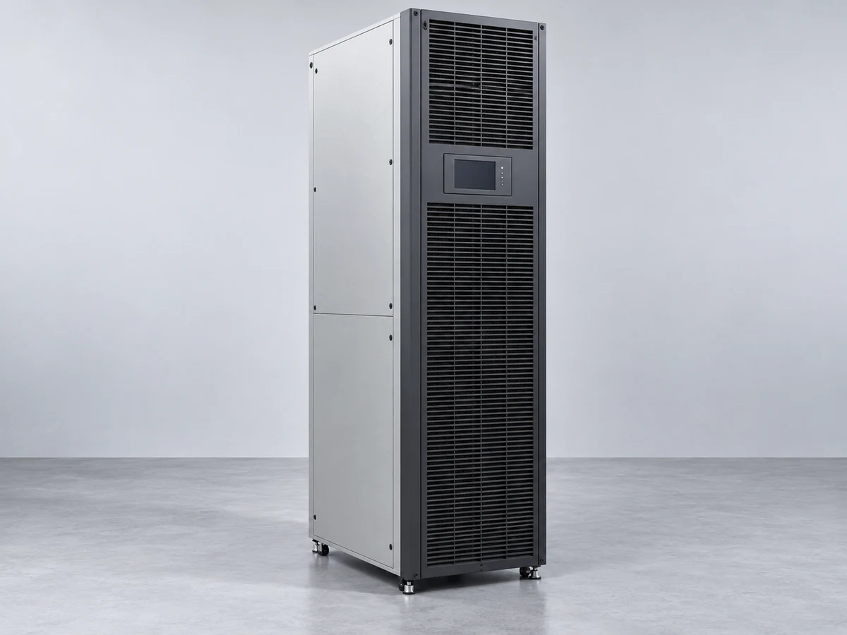 Industrial in-row cooling cabinet with ventilation grille and metal side panels